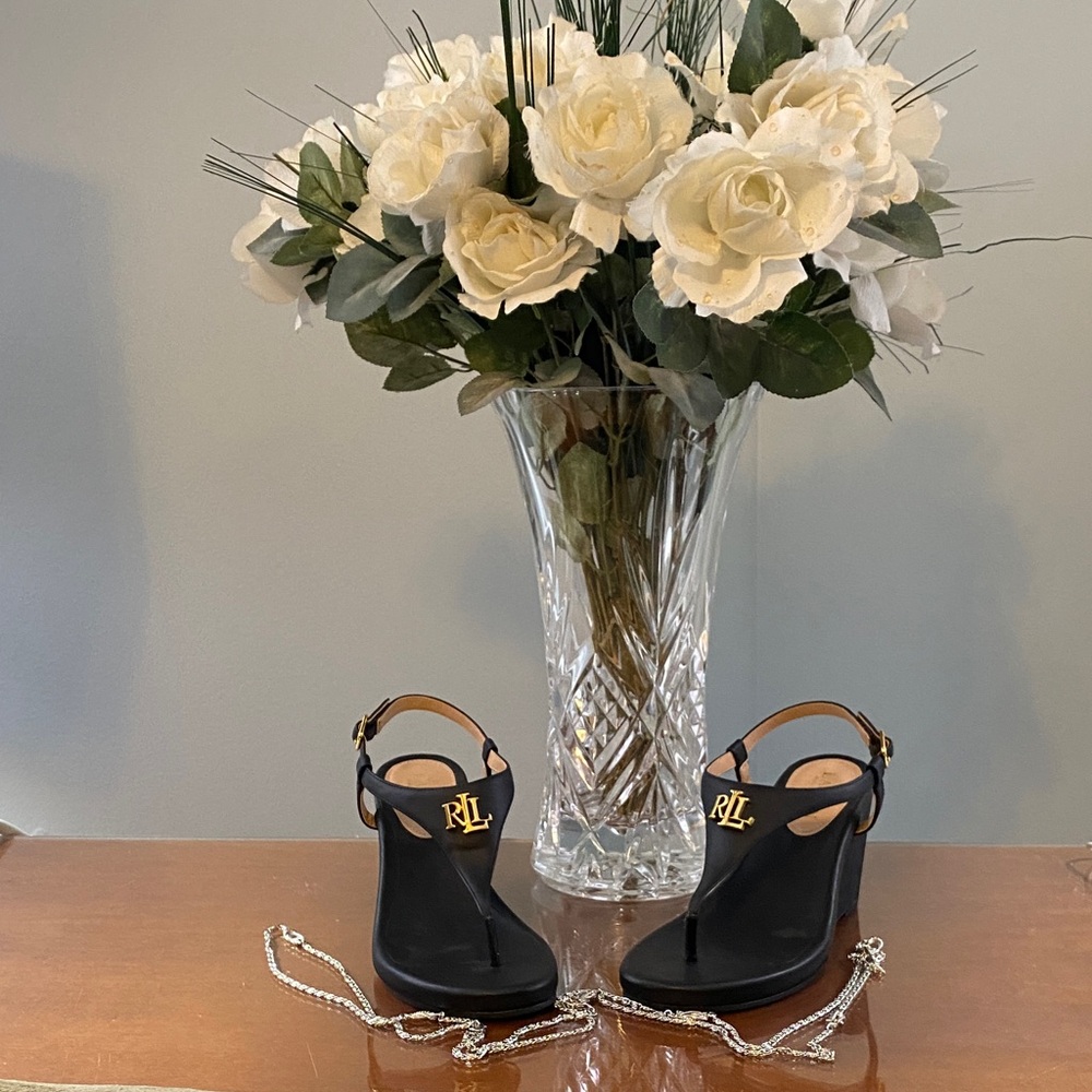 Ralph Lauren Black and Gold logo emblem Women's strap wedge Heels size 6.5 - 7
